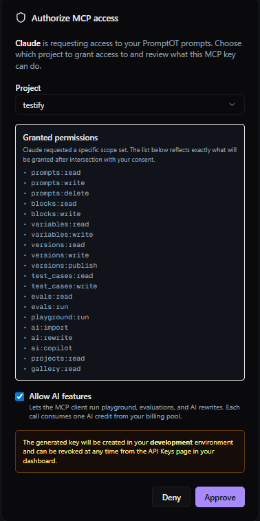 PromptOT OAuth consent screen — authorize MCP access from claude.ai